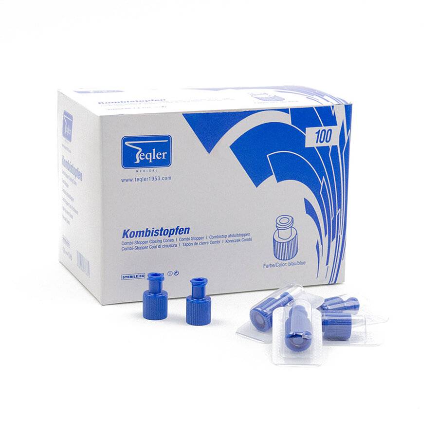 Blå sterile sprøytehetter Combi Stopper Luer Fitting