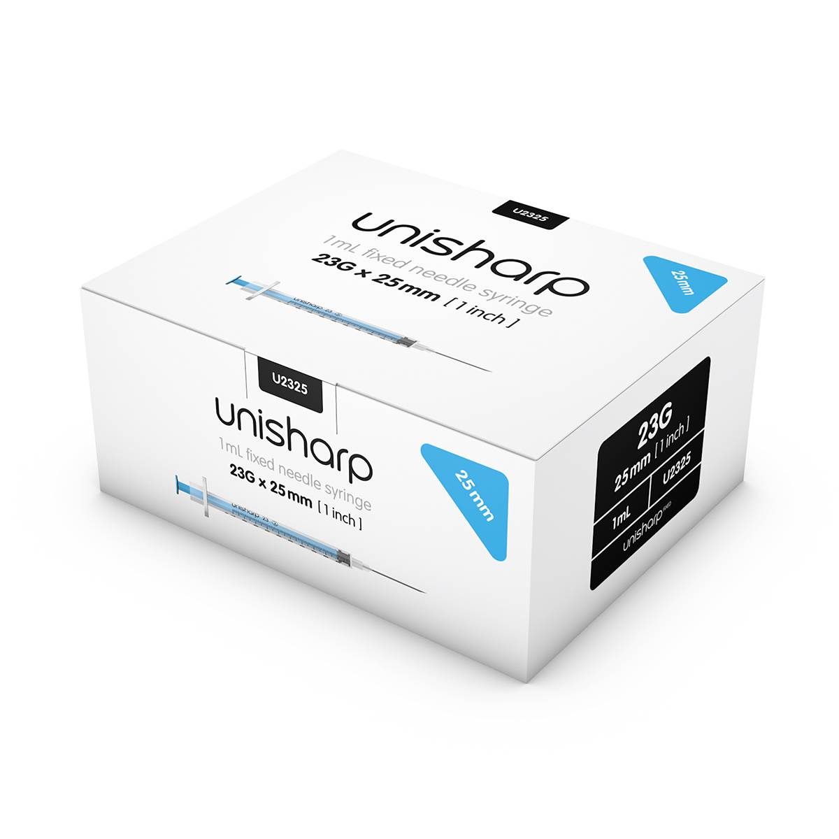 1 ml 23G 25 mm 1 tommer Unisharp fast blå nål sprøyte u100