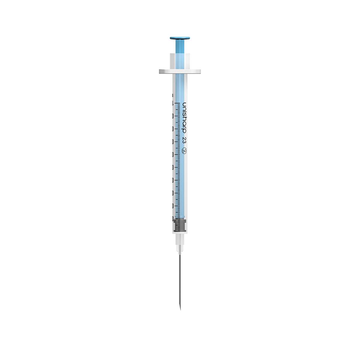 1 ml 23G 25 mm 1 tommer Unisharp fast blå nål sprøyte u100