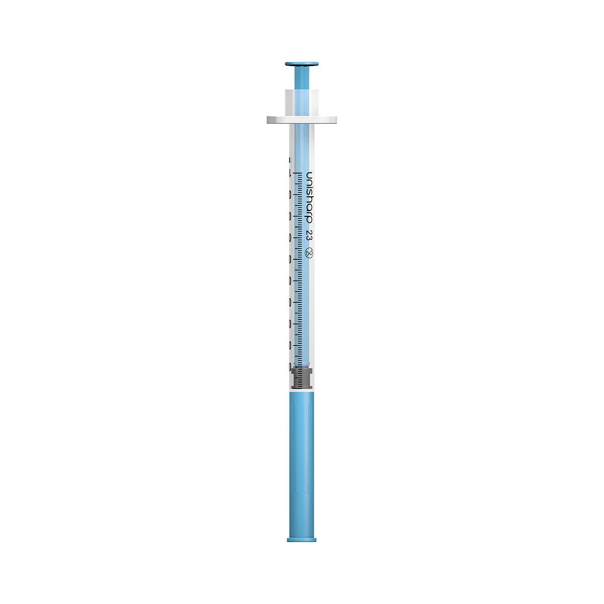 1 ml 23G 25 mm 1 tommer Unisharp fast blå nål sprøyte u100