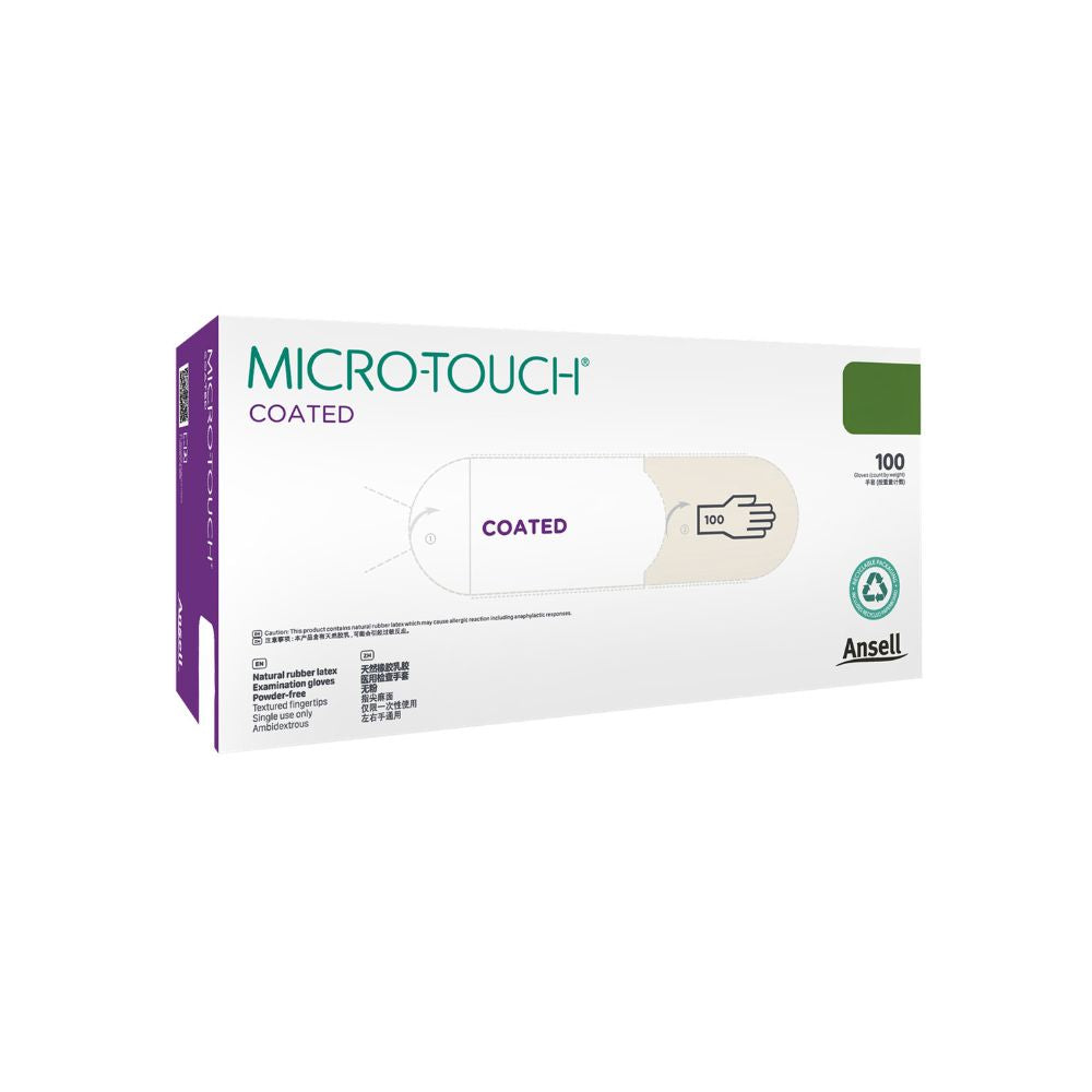 Hvite Ansell Micro-Touch lateks undersøkelseshansker med belegg, eske med 100
