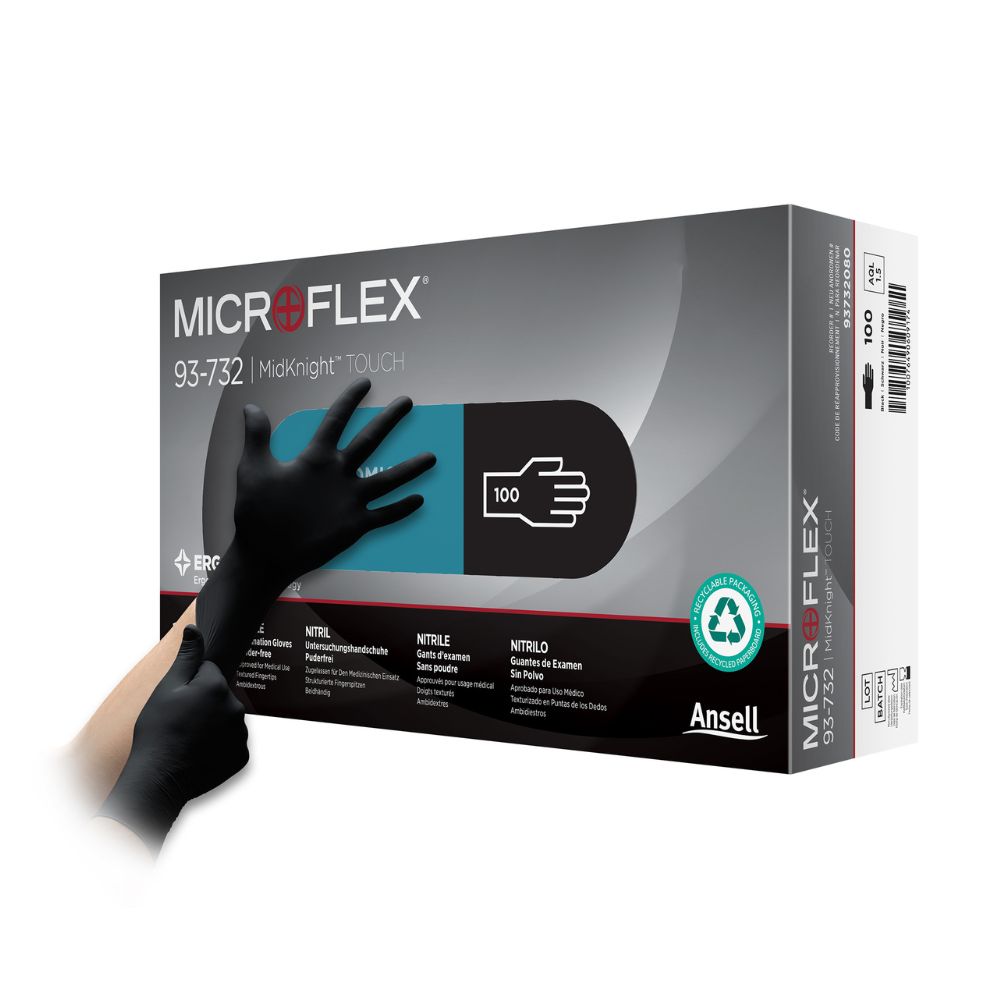 Svarte Ansell Microflex MidKnight Touch nitrilundersøkelseshansker, eske med 100