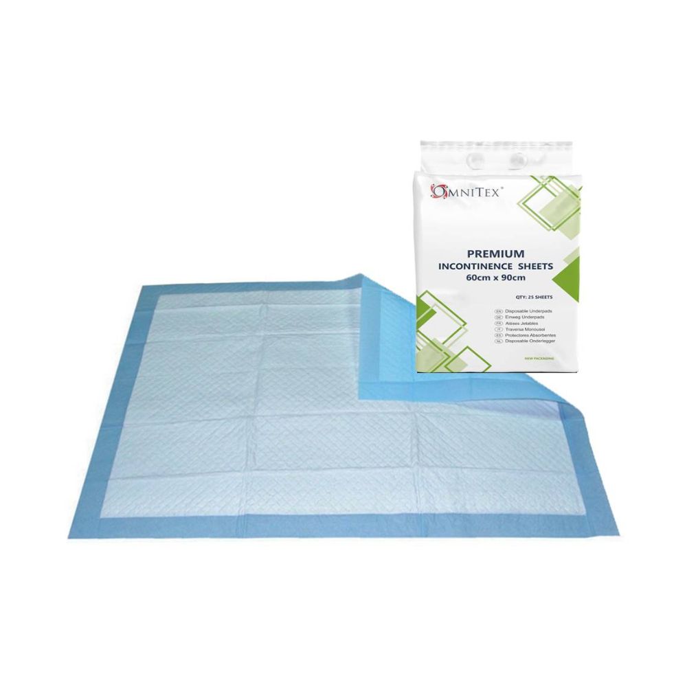 Omnitex 60 cm x 90 cm Premium inkontinenslaken for engangsseng Pakke med 25 stk.