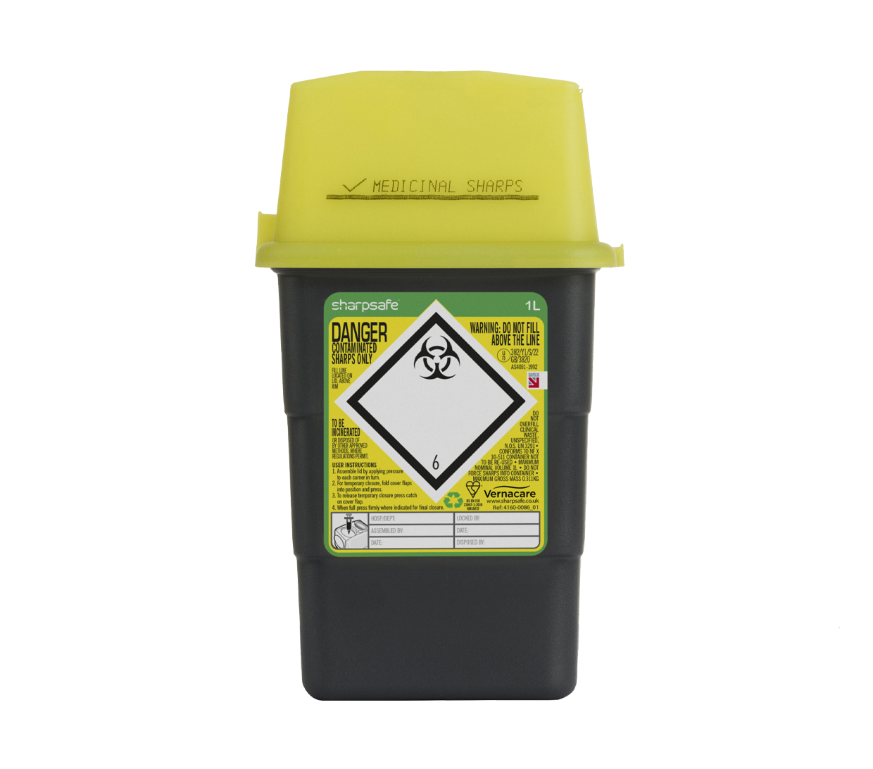 1 Liter Sharpsafe Grå Sharps Bin Gult lokk