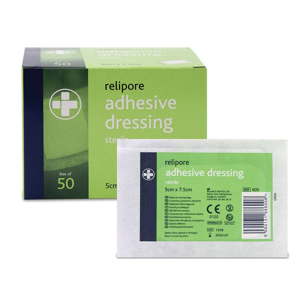 5 cm x 7,5 cm Relipore selvklebende forbindingsputer Pakke med 50 stk