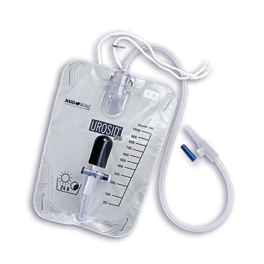 A leg-bed urinary drainage system with a transparent urine bag, measurement markings, a drainage valve, and an attached tube.
