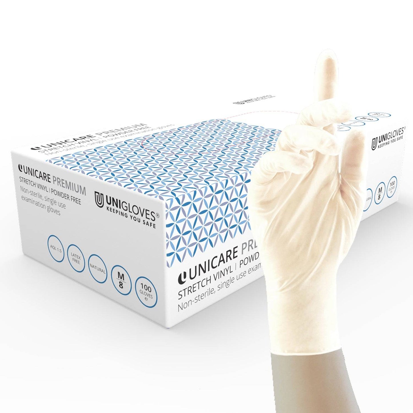 Unicare Premium Stretch Vinyl Examination White Gloves Box of 100