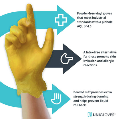 Unicare Yellow vinyl examination gloves Box of 100