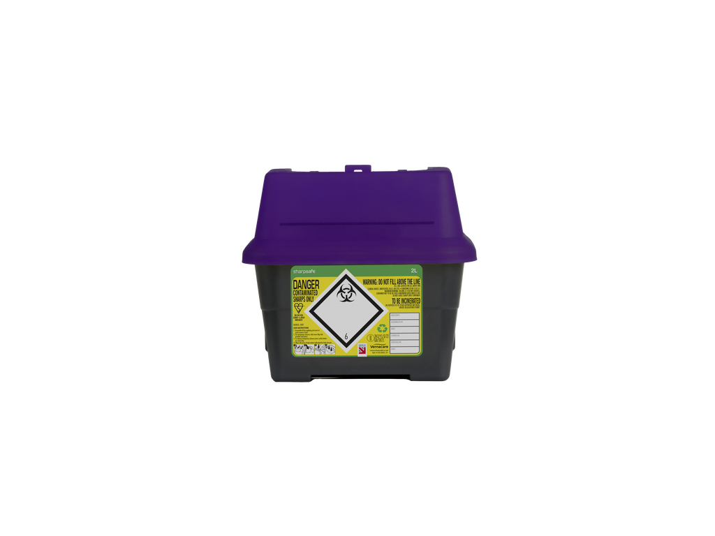 2 liter Sharpsafe lilla avfallsbeholder for skarpe gjenstander
