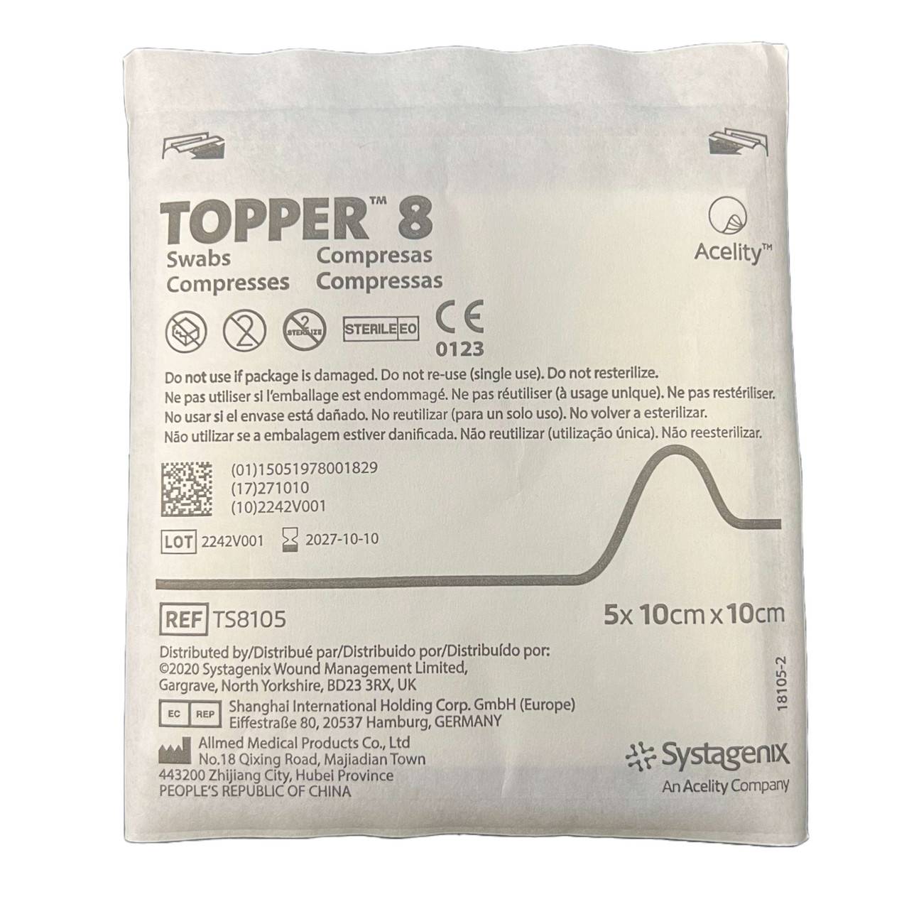 10 cm x 10 cm Topper 8 Sterile gasbindpinner Enkel pakke med 5