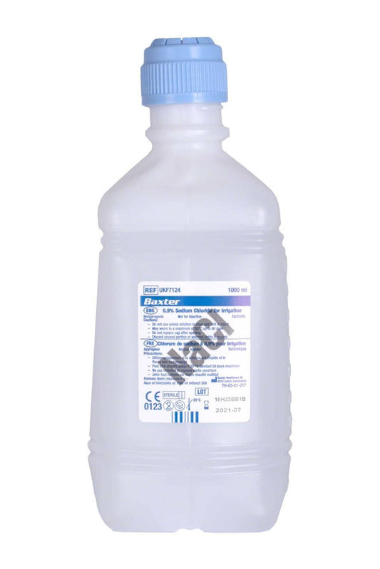 1 liter NaCl 0,9 % natriumklorid for vanning Baxter NaCl 0,9 % natriumklorid (saltvann) for vanning. En liter (1000 ml).